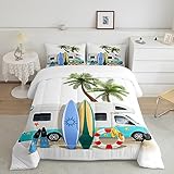 Erosebridal Ocean Beach Down Comforter Twin Size, Cartoon Surfboard Bus Bedding Set, Palm Trees Comforter Set for Kids Boys Girls Teens, Tropical Coastal Summer Holiday Duvet Insert Bedroom Decor