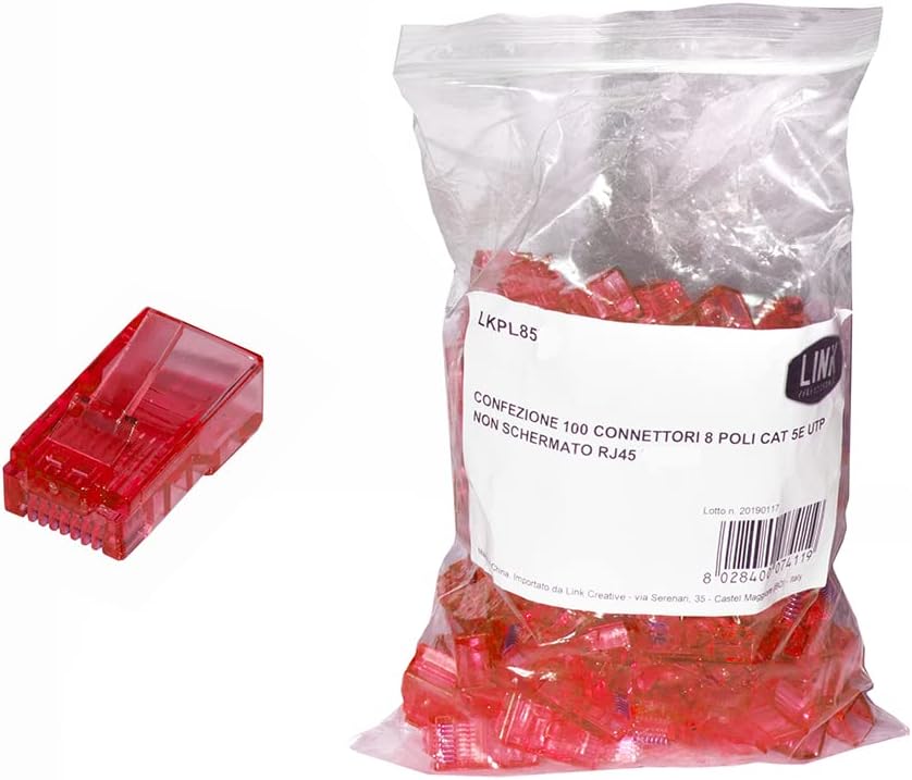 LINK Pack of 100 CONNECTORS 8 Pole CAT 5E UTP UNSCREEN RJ45 RED