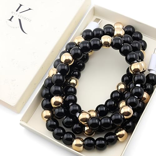 Image of Stylish Beaded Phone Charger Cable Colors USB Charging Cord for Smartphones (2-1 to USB C, Black & Gold, 6.6ft)