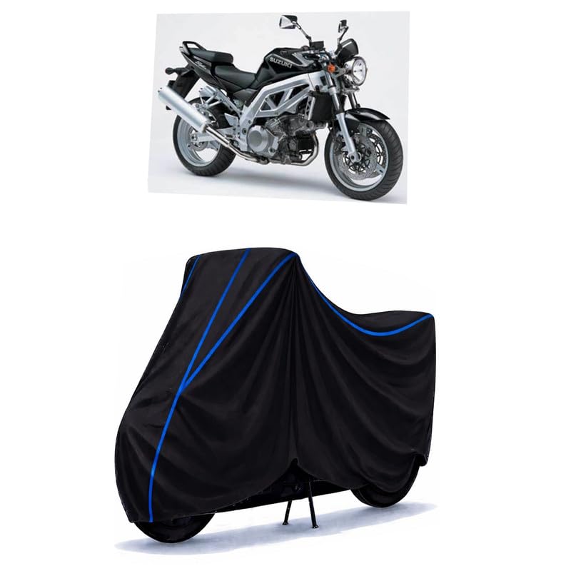 Image of Suzuki sv 1000 BS7 Bike Cover Water Resistant Universal Motorcycle Rain | Heavy Duty UV Protection, Dust, Scratch Indoor Outdoor All Weather with Black Blue Piping Elastic
