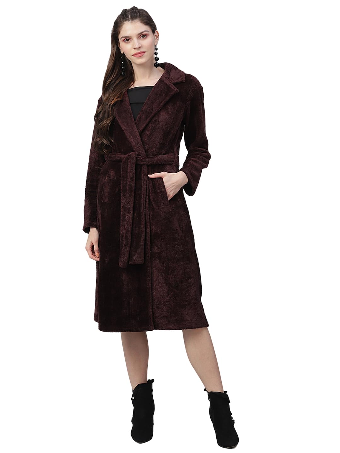 poshbery Burgundy fur coat with belt and pocket detail-picture-43
