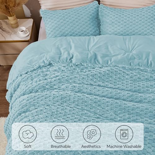 BEDELITE Fluffy King Size Comforter Set - Dusty Blue Fleece Soft Comforter for King Size Bed, Luxury Warm Bedding Set for Winter, Fuzzy Bed Set 3 Pieces (1 Comforter, 2 Pillowcases)
