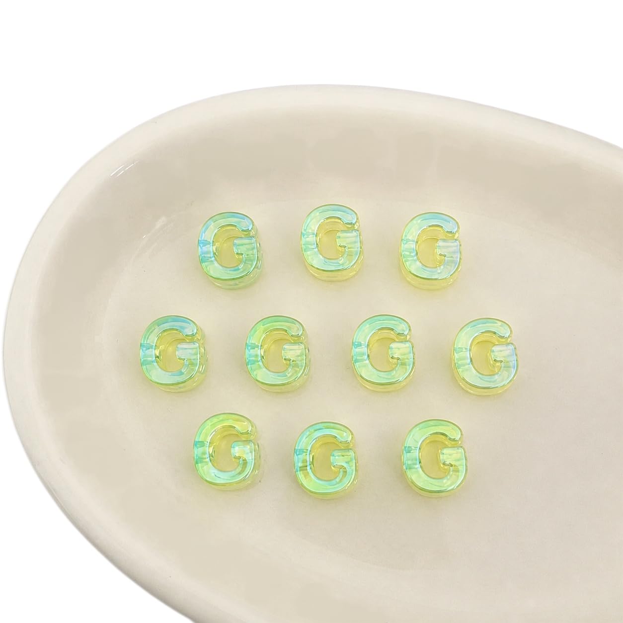 Letter Beads 10pcs, Large Acrylic Alphabet Beads with 6mm Hole, Iridescent Holographic UV Plated for Bracelet Making, Jewellery, Keyrings & Craft (Iridescent Green, Letter G)