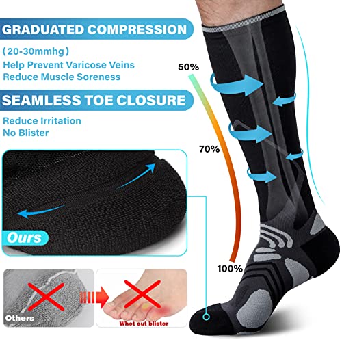 Knee High Compression Socks 20-30 Mmhg For Nurse Pregnancy Medical Running Sports Travel With Cushion Pad Circulation Graduated, Seamless, Moisture Wicking, Coolmax | Black, Grey Large X-Large #TOP1