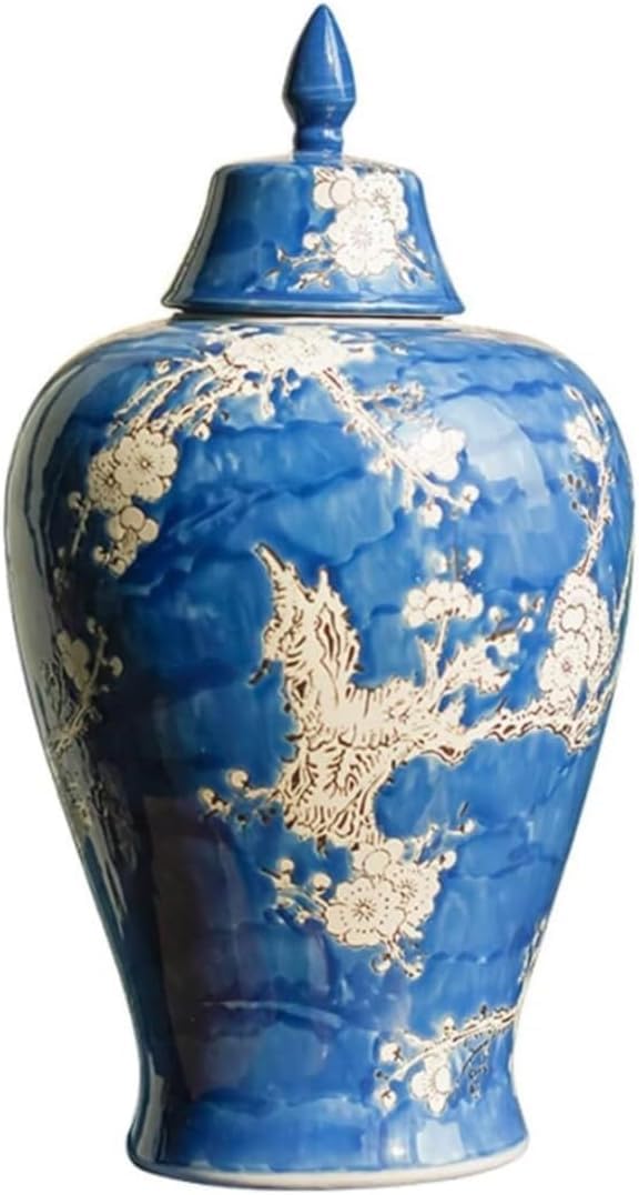 Vase Tabletop Ginger Jar for Decoration Blue Ceramic with Lid for Plum Blossom Pattern Temple Table(12.5 * 36cm)