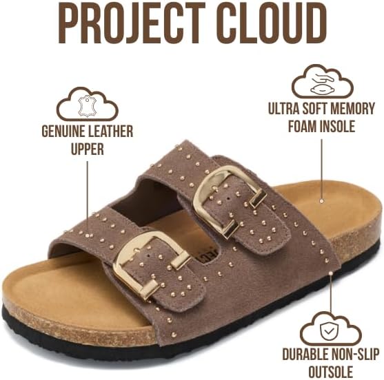 Project Cloud 100% Genuine Leather Flat Sandals For Women 2026 Cork Footbed Womens Sandals with Memory Foam and arch support Vacation Essentials Slides for Women Footwear (Venita) thumbnail