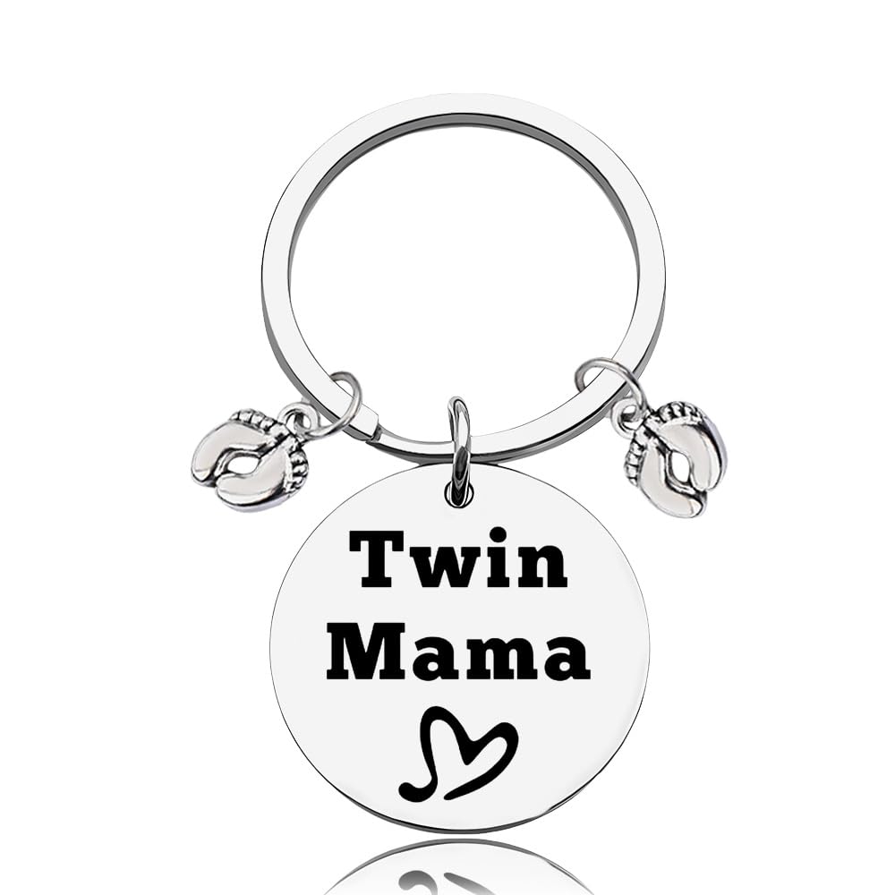 Portachiavi Per Mamma Di Gemelli: Regalo Emozionale Per Annuncio Gravidanza O Festa Della Mamma. In Acciaio Inox Con Ciondolo A Piedini.