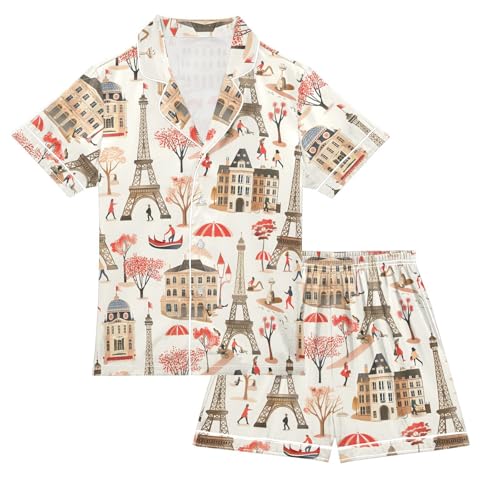 ALAZA Paris Eiffel Tower Castle Tree Satin Pajamas Set Short Sleeve Button Down Sleepwear Summer Pjs 2 Piece