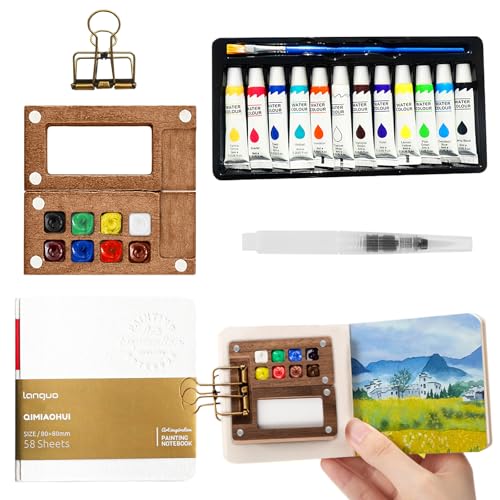 Acuarelas de viaje, mini kit de acuarela portátil, mini juego de acuarela con clip para encuadernación, paleta acuarelable de madera con álbum de dibujo, pincel y clip para pintores, artistas
