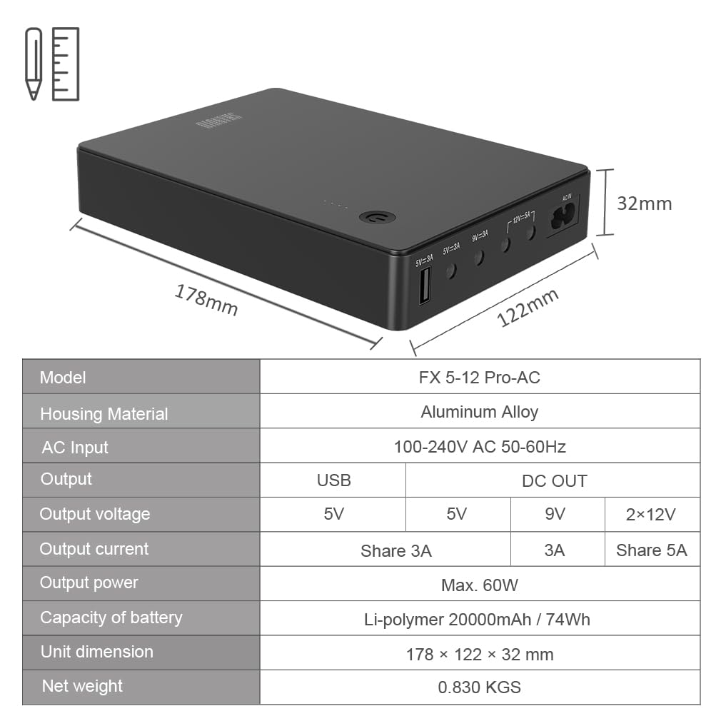 Mini UPS Gruppo di continuità per router, modem, fotocamera con ingresso uscita AC USB 5V DC 5V 9V 12V 3A (74Wh)