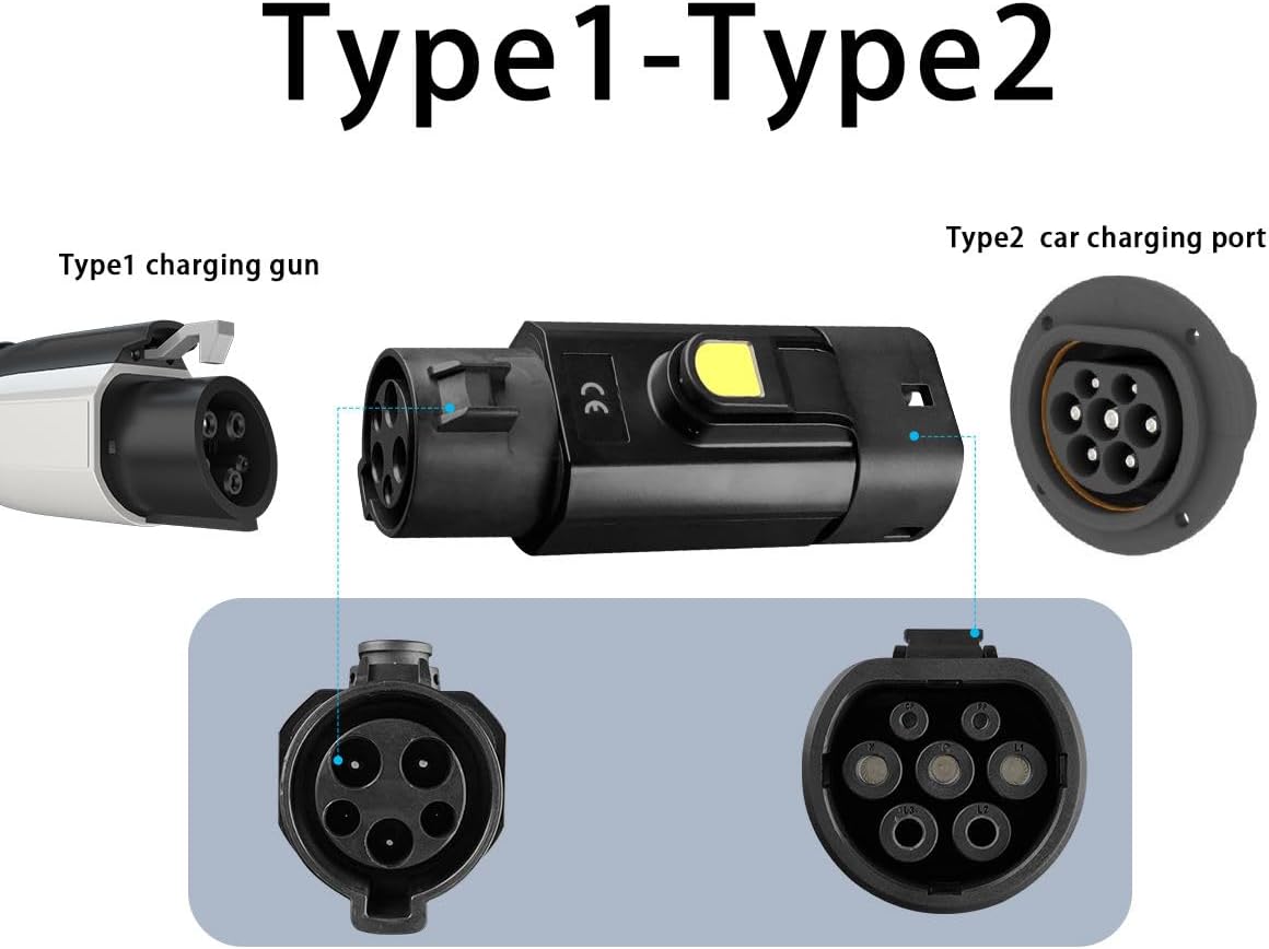 EV Type 1 to Type 2 Adapter Electric Vehicle Charging Adapter Black SAE j1772 to IEC62196 EV Charging Adapter