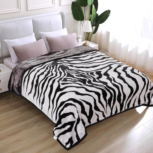 Image of JYK Soft Fleece Bed Blanket King Size 5.7 LB, Korean Style 2 Ply Reversible Fluffy Flannel Blanket Microfiber, Warm Cozy Blanket for Autumn, Winter 83x91 Inches - Black White Tiger /Tiger Stripes