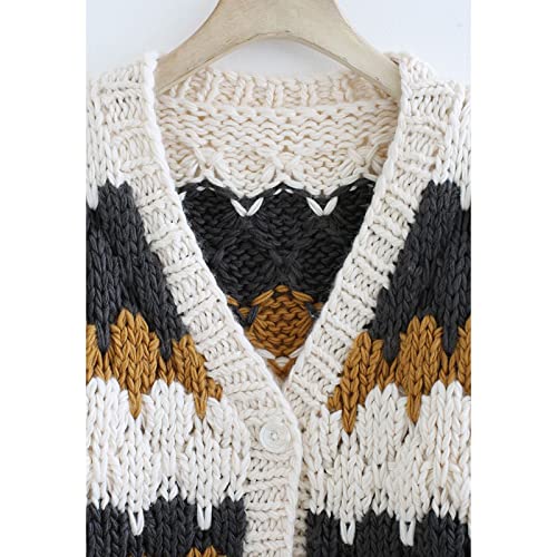 CHICWISH Women's Cream/Smoke Color Blocked Puff Sleeves V-Neck Hand-Knit Chunky Cardigan3