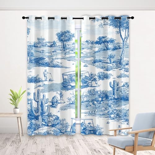 Rideau Occultant Toile de Jouy, 3D Désert Cactus Golf Terrain Rideaux Thermique Isolant À Oeillets, Rural Rétro Rideau Opaque pour Salon Chambre, Lot de 2...