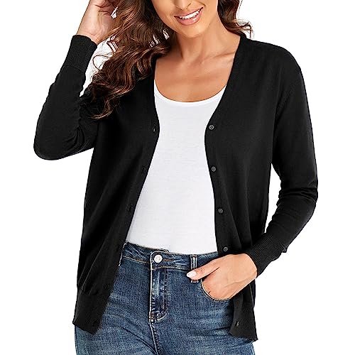 CUNYI Cardigan para Mujer Escote en V Rebeca de Punto Manga Larga Chaqueta de Mujer con Botones Abrigo Elegante, Negro M