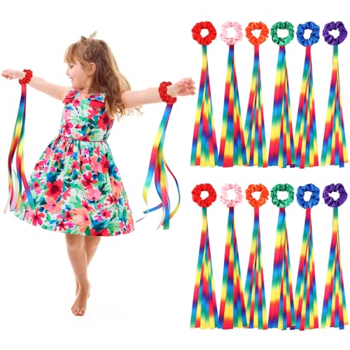 Image of VioraWhite 12 Pcs Rainbow Dance Ribbons for Kids Rainbow Rhythm Ribbons Elastic Wrist Streamers Hand Held Rhythm Streamers Gymnastics Dance Party Props for Adult Decor (0.8 x 19.7 Inch,Gradient)