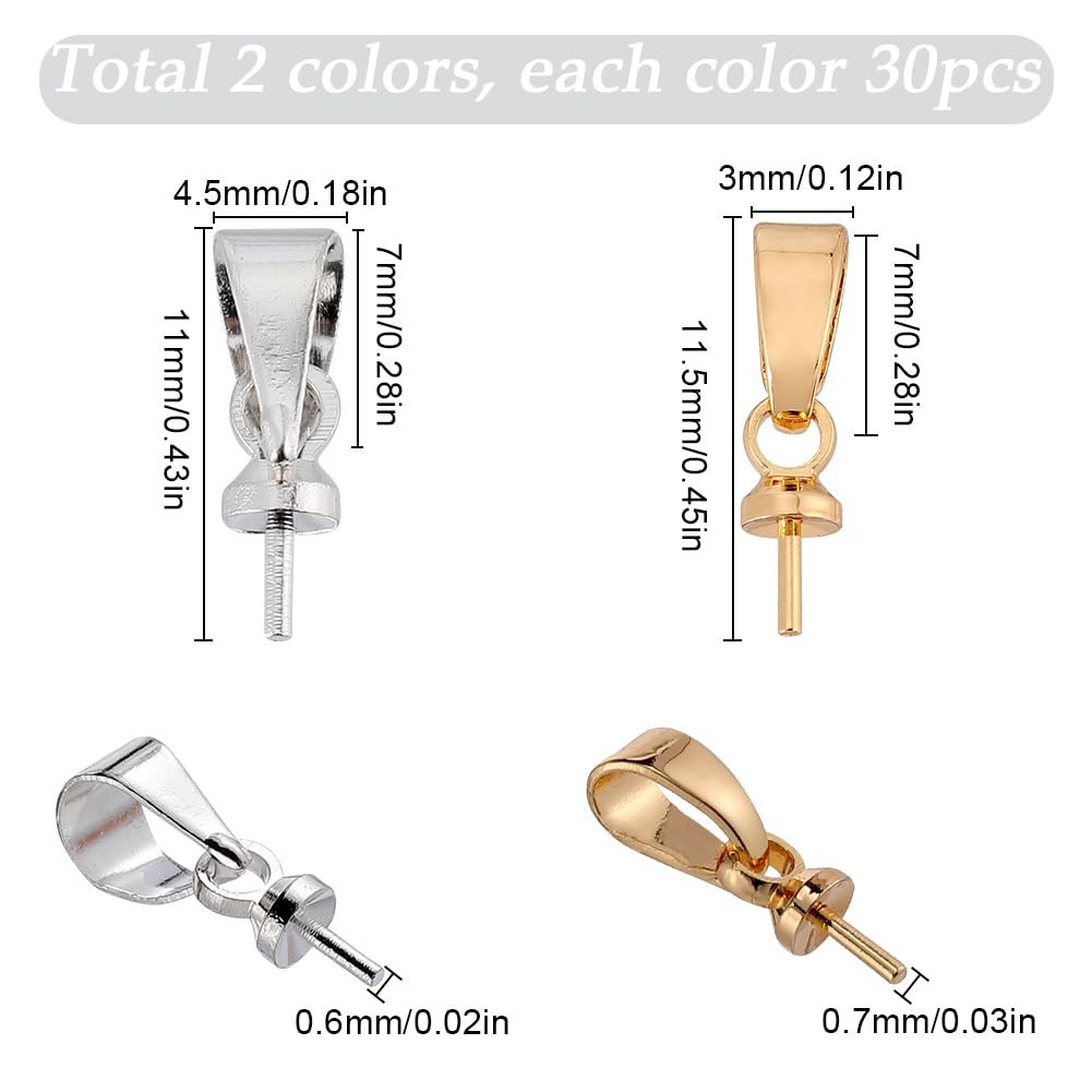 SUNNYCLUE 1 Box 60Pcs Eye Pins Bail Caps Cup Pearl Eye Pin Bail Slider Clasps Pin Peg Half-Drilled Beads Connectors Pendant Holder Golden Silver Brass Cup Pearl Peg Bails for Jewelry Making Clasps