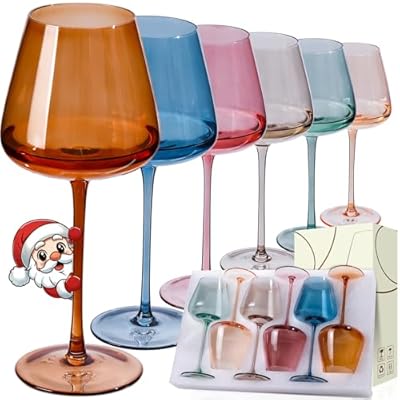JOVGANK Colored Wine Glasses Set of 6, Hand Blown Large Colorful Red Wine Glass 18Oz, Lead-Free Premium Crystal Long Stem White Wine Glass, Daily Use, Wedding Anniversary or Christmas Gift, Multicolor