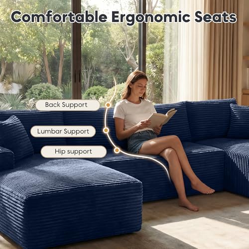 Image of 125 Inch Modular Sectional Sofa, Cloud Couch Oversized U Shaped Corduroy Sofa with Storage & Cupholders, Modern Deep Seat Boneless Couches for Living Room, No Assembly Required, Blue