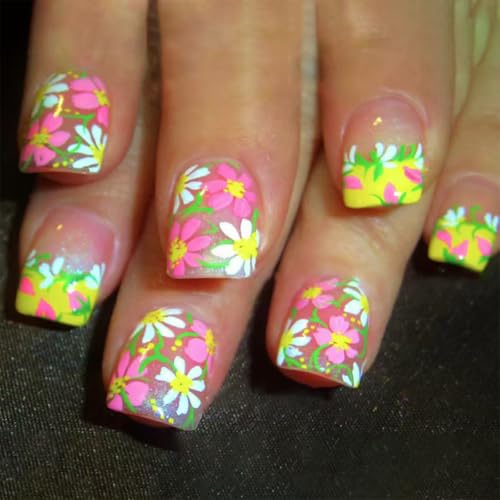 Spring Summer Press on Nails Yellow French Fake Nails Short Squar...