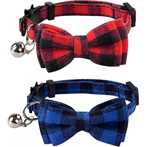 2 Pack/Set Cat Collar Breakaway with Cute Bow Tie and Bell for Kitty Adjustable Safety Plaid, Red&Blue Cover