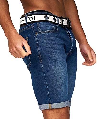 Crosshatch Mens Stretch Denim Shorts Belted Knee Length Roll Up Faded Casual New Mid Wash 34W