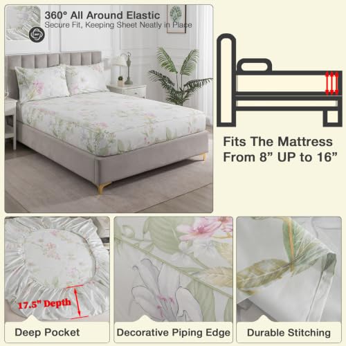 Image of Sage Green Vintage Floral Percale Sheets Queen Size Deep Pocket | 100% Cotton Patterned Farmhouse Sheet Set, Shabby Flower Leaf Chic Toile Bed Sheets, French Country Bedding, Soft Crisp, 4Pcs