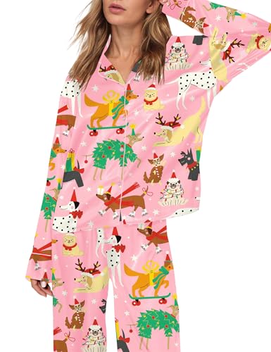 Image of SHESHOW Satin Pajamas Set for Women Set Long Sleeve Button Down Pjs Sets 2 Piece Loungewear Animal Sleepwear XS-XXL