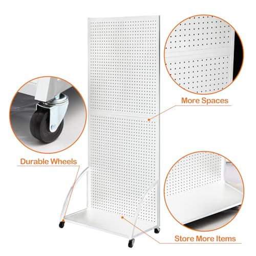 Eastern Tree 2.5'x 6' Metal Pegboard Display Stand with Base Plate, Standing Pegboard Display with Wheels, Peg Board Display Rack, Art Peg Board Panels Display Stand, Extra 20 pieces Hooks - White