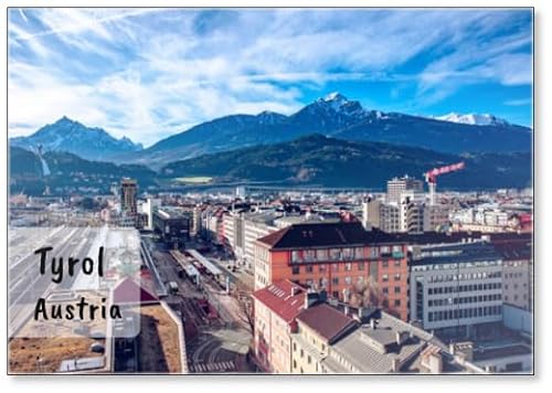 Die Hauptstadt des westlichen Bundeslandes Tirol - Blick auf die Alpen und das berühmte Bergisel Skisprungen., Kühlschrankmagnet Die Hauptstadt des westlichen Bundeslandes Tirol - Blick auf die Alpen und das berühmte Bergisel Skisprungen., Kühlschrankmagnet