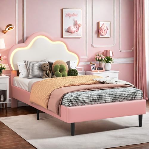 Lodera Cama infantil 90 x 200, Cama individual acolchada para niños con luz LED ajustable, con cabecero de cama en forma de nube regulable en altura, somier de láminas, PU, rosa