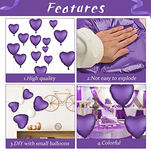Image of Purple Heart Balloon, 10PCS Purple Foil Heart Balloons, 18inch Metallic Purple Heart Shape Foil Balloons for Helium Birthday Party Decorations for Brithday Party, Valentines Day, Wedding, Anniversary