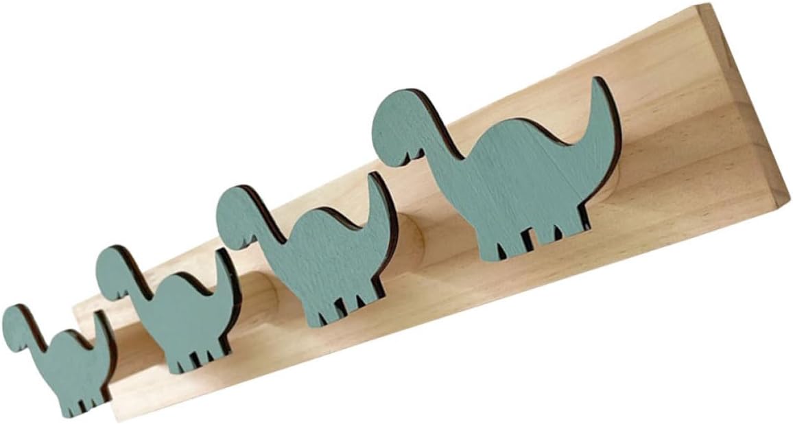 BESPORTBLE Nordic Style Dinosaur Wall Hooks, Green Wooden Coat and Hat Rack with 4 Hooks, Space-Saving Bathroom and Entryway Organizer for Boys’ Bedroom