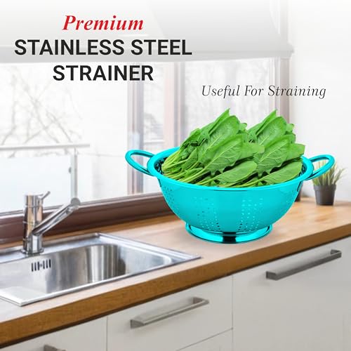 Image of Prabha Colander Stainless Steel Strainer Sieves, 3000ML, 24cm|Kitchen Strainer With Handle-Essential Kitchen | Colanders Bowl, Basket | Colander For Rice Straining Washing Fruits, Vegetables,Blue