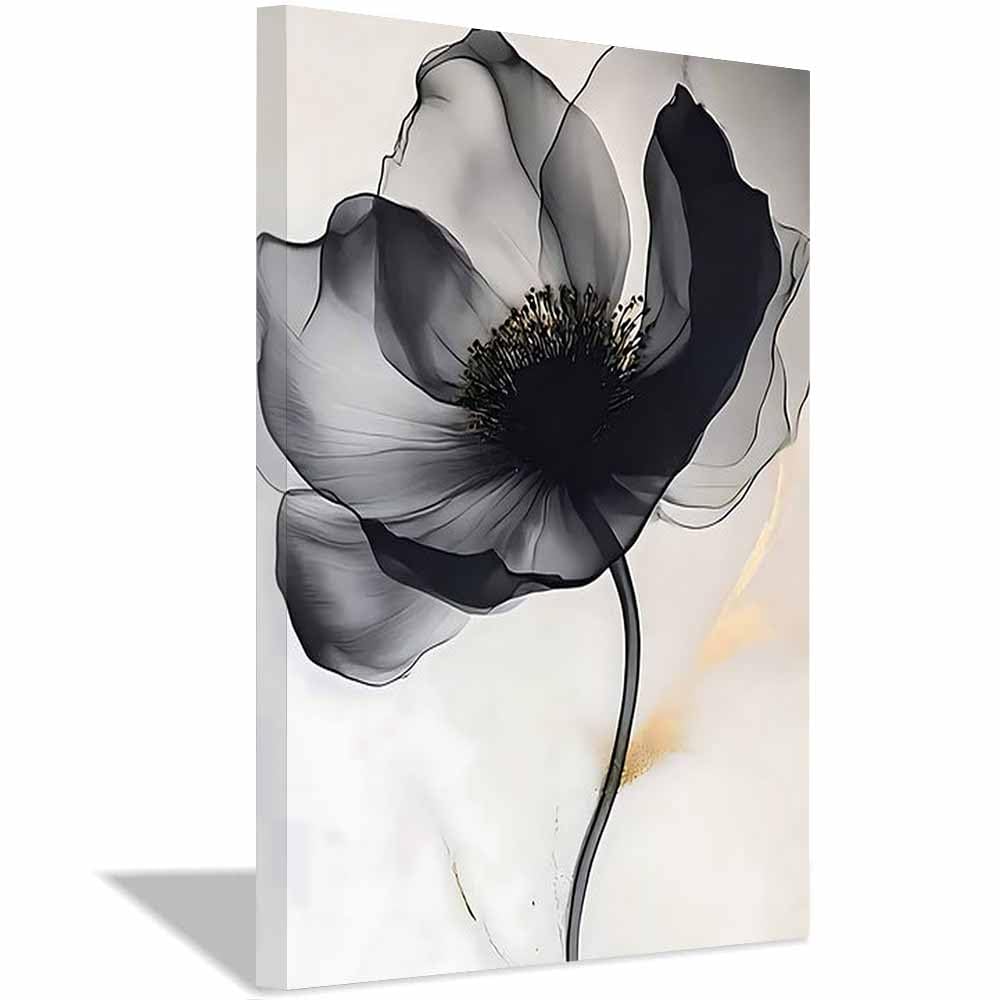 QUSAAOU Art Wall Decor Schwarz Weiß Blume Zeitgenössisch Schlicht Wanddeko Bild Schlafzimmer KüChe Deko Wandbilder Dekoration Wohnzimmer Wall Decor Canvas Wand Kunstdruck(Schwarz)-60x90cm Gerahmt