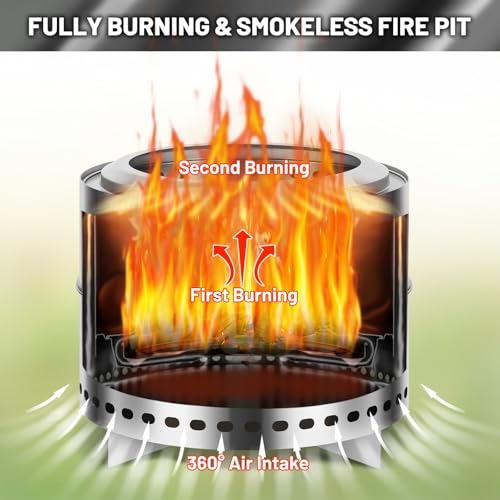 Smokeless Firepit, 19.5 Inch Stainless Steel Outdoor Portable Fire Pit with Removable Ash Pan and Carry Bag, Wood Burning Firepits for Outside with Stand, Ideal for 4-6 People, Silver