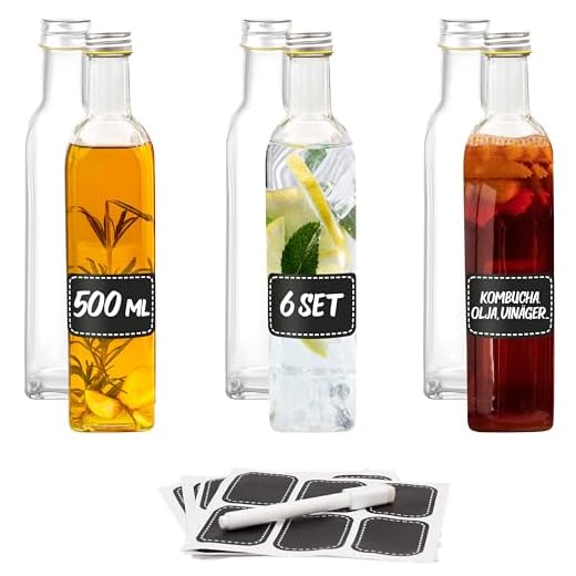6 glasflaskor med skruvlock 500 ml hörn- 6 etiketter med penna - tomma flaskor