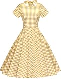 GownTown Womens 1950s Vintage Retro Party Swing Pocket Rockabillty Stretchy Dress Yellow Plaid