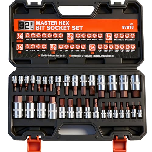 HORUSDY Master Hex Bit Socket Set, 32-Piece 1/4", 3/8", & 1/2" Drives Premium Allen Socket Set, S2 Alloy Steel, SAE and Metric Set wich Case