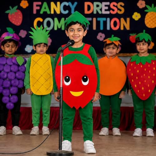 Image of Raj Costume Kids Mango Fruit Costume Apron with Cap for Boys & Girls | Cute Yellow Cutout Fancy Dress | Soft Felt Fabric | Role Play Outfit