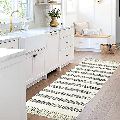 Boho Kitchen Runner Rug 2X4 Ft Leevan Farmhouse Black White Striped Bathroom Rug With Tassel Bohemian Hand Woven Geometric Floor Carpet Chic Printed Bedside Rugs For Living Room Bedroom #TOP3