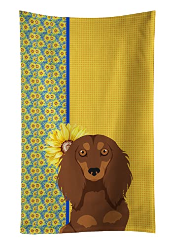 Caroline's Treasures WDK5387KTWL Summer Sunflowers Longhair Chocolate and Tan Dachshund Kitchen Towel Dish Cloths Guest Hand Towel Decorative Bathroom Towel for Face,Tea, Dishcloth, Kitchen and Bath