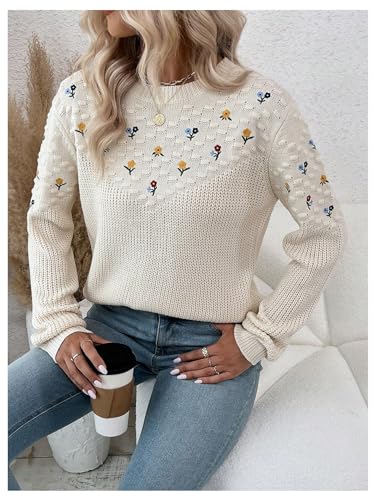 Women's Floral Embroidery Sweaters Long Sleeve Round Neck Knitted Pullover Tops3