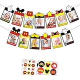 BeYumi Mickey Inspired Photo Banner, 1st Birthday Baby Photograph Bunting Garland for Newborn to 12 Months, Monthly Milestone Birthday Party, Baby Shower Favor, DIY Mickey Theme Party