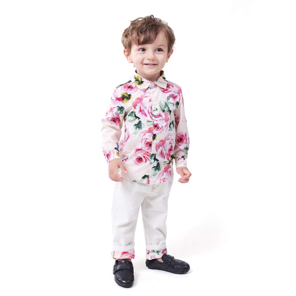 Toddler Baby Boys Gentleman Rose Print Long Sleeve Shirt + Pants Clothing Set
