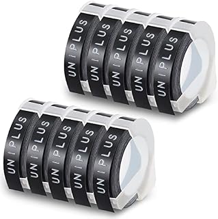 UniPlus Compatible Omega Label Tape Replacement for Dymo Embossing Tape S0717930 S0717900 9mm x 3m Self-Adhesive 3D Labels Black on White for Dymo Omega Junior Motex E-101 E-303 Embossing 10 Pack