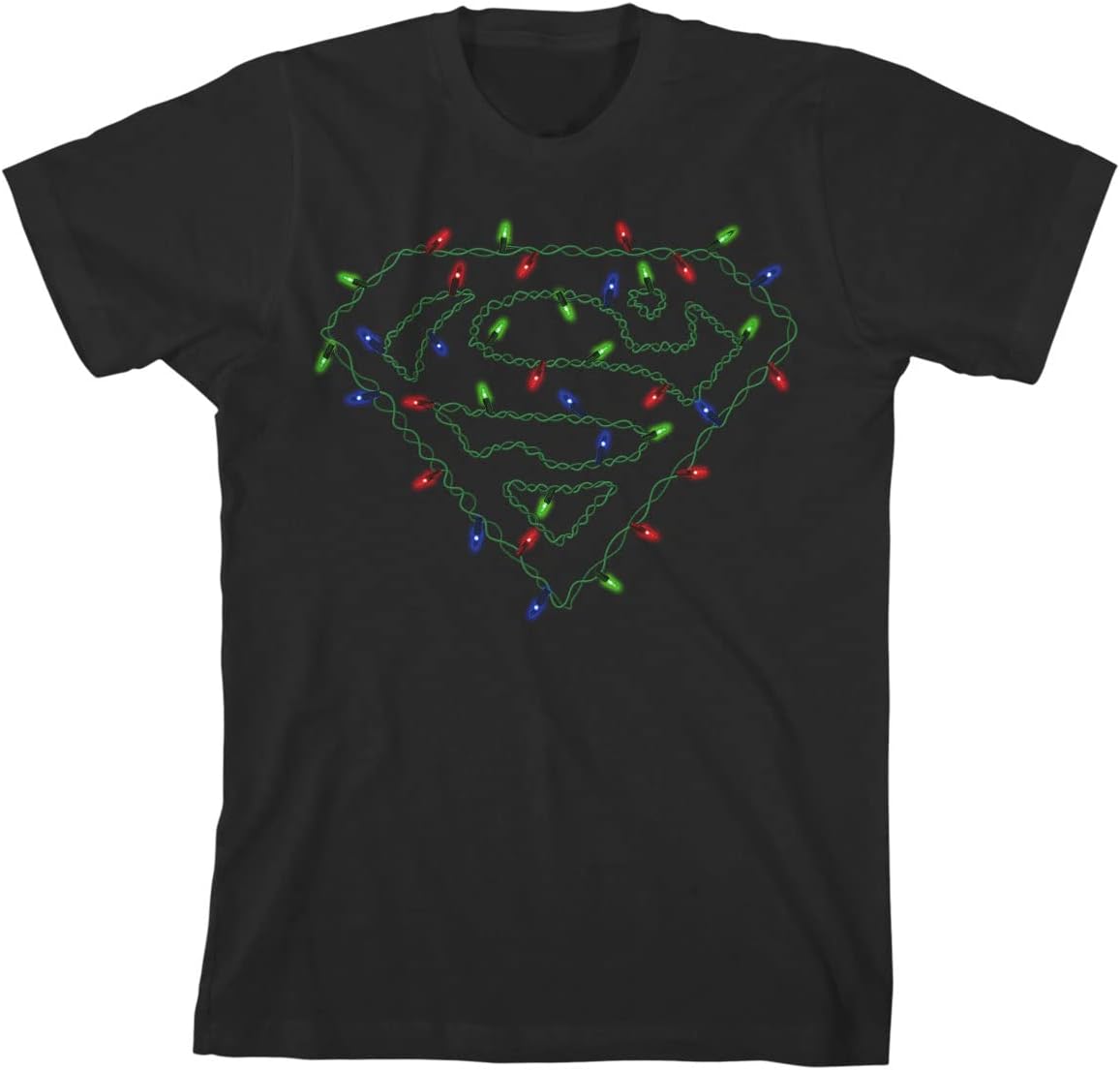 Bioworld Superman Logo with Christmas Lights Black T-Shirt Toddler Boy to Youth Boy