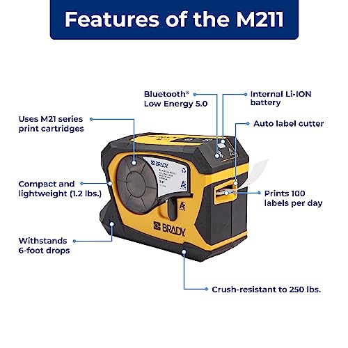 Image of Brady M211 Portable Bluetooth Monochrome Label Printer, Yellow /Black & Authentic (M21-500-595-WT) All-Weather Vinyl Label & Authentic (M21-750-427) Self-Laminating Wire Wrap
