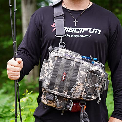 Piscifun Fishing Tackle Bag With Rod & Gear Holder, Lightweight Sling Tackle Storage Bag, Outdoor Fishing Shoulder Backpack For Fishing, Hiking, Hunting, Camouflage #TOP1