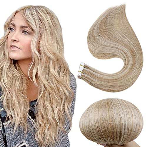 RUNATURE Tape in Extensions Human Hair 20inch Extensions Human Hair Natural 12 Light Golden Brown Highlighted Platinum Blonde Human Hair 10pcs Tape in Hair 25g Straight Human Hair